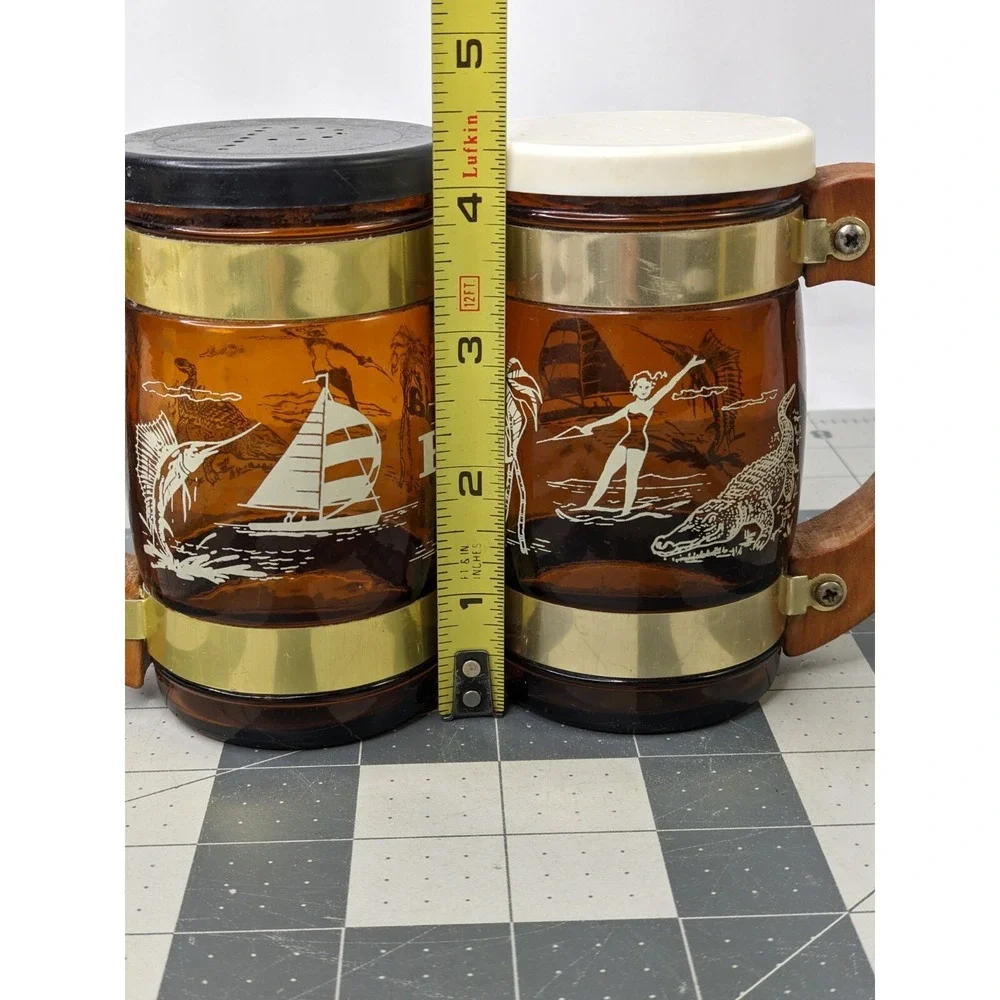 Florida Souvenir Salt Pepper Shaker Glass Mug Stein‎ Wood Handle 4.25 Inch Tall